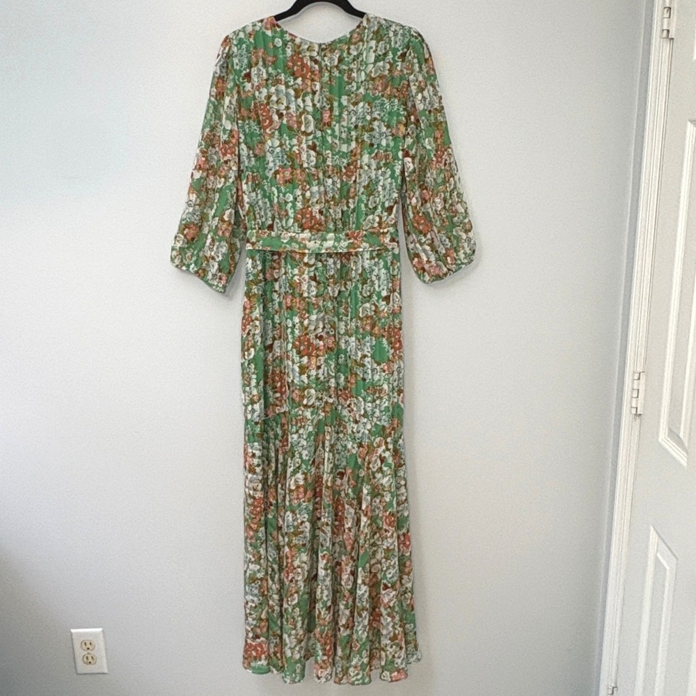 Maison Tara Green Floral Pleated Maxi‎ Dress V-Neck 3/4 Puff Sleeve Belted - Picture 3 of 12